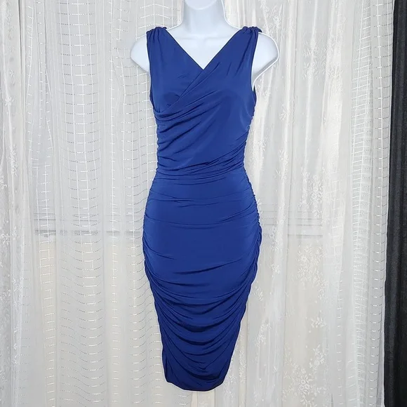blue wiggle dress 1950s Blue Print Draped Silk Wiggle Dress  Shrimpton Couture